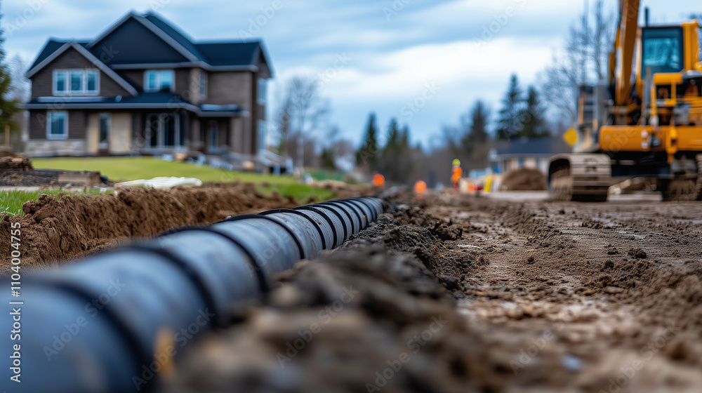 A long stretch of trench runs across a residential construction site, with sewer pipes neatly laid out and ready for final adjustments. A long stretch of trench runs across a residential construction site, with sewer pipes neatly laid out and ready for final adjustments.