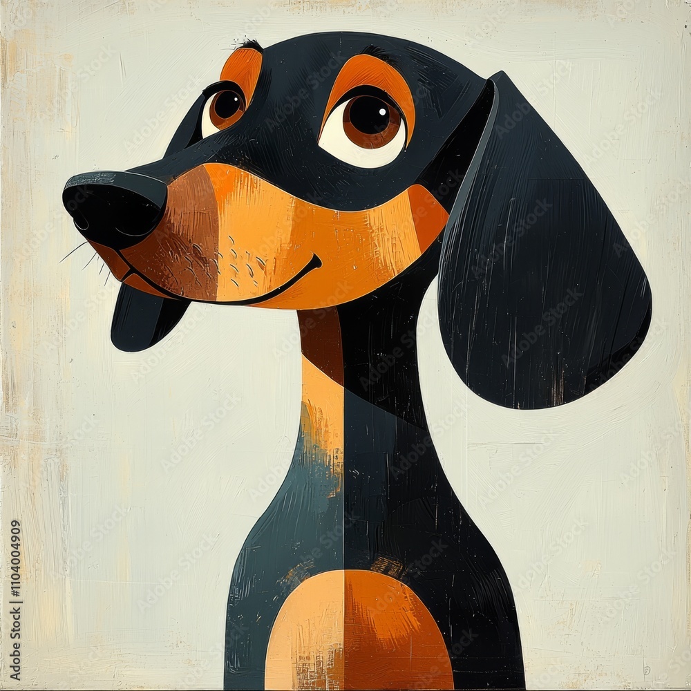 This whimsical illustration in a minimalist cartoon style of an elongated dachshund