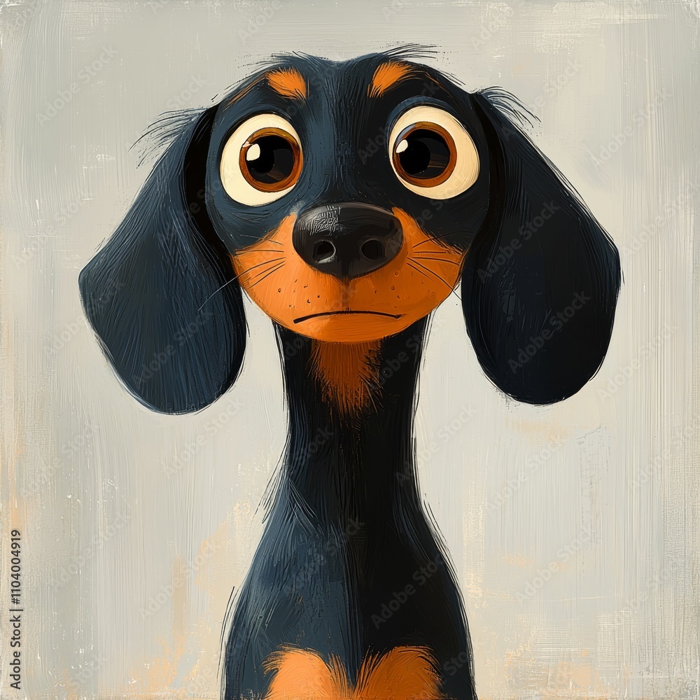 This whimsical illustration in a minimalist cartoon style of an elongated dachshund