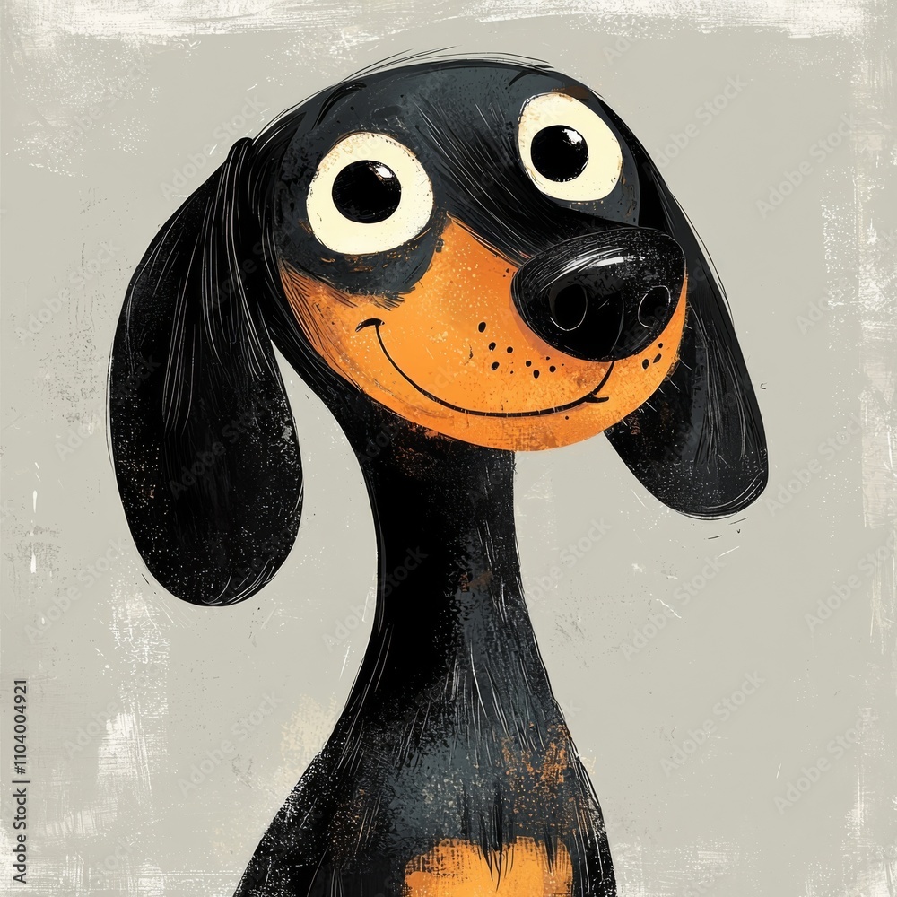 This whimsical illustration in a minimalist cartoon style of an elongated dachshund