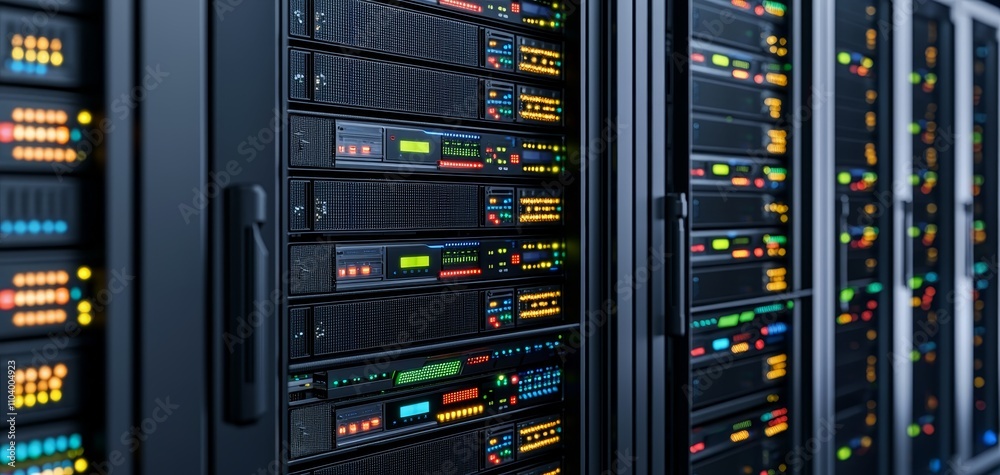 Technological Symphony Closeup View of Illuminated Server Rack Array in Data Center, Cinematic Lighting, High-Tech Atmosphere Characters 170 Technological Symphony Closeup View of Illuminated Server Rack Array in Data Center, Cinematic Lighting, High-Tech Atmosphere Characters 170