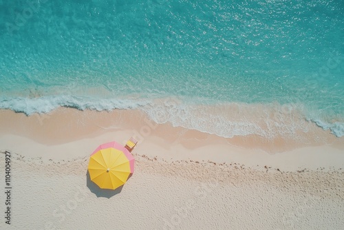 Tranquil Beach Retreat with Colorful Half-Pink Half-Yellow Umbrella and Chair in Symmetrical Composition, Turquoise Ocean Background - Serene Vacation Concept