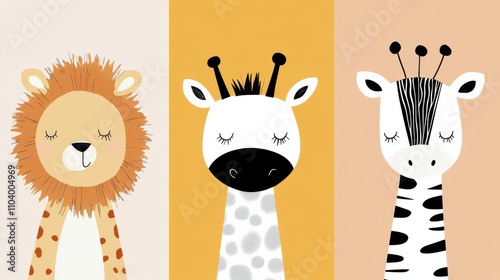 Fototapeta Naklejka Na Ścianę i Meble -  Triptych, for a childrens bedroom. pictures of cute lion, a giraffe, a zebra. cute simple scandi styling. animals eyes are closed like they are sleeping