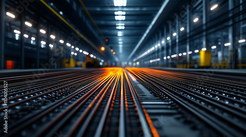 The vastness of an industrial facility is emphasized by the orderly rows of steel wire rods, their metallic sheen glowing under natural light.