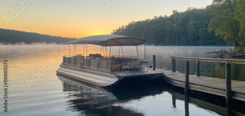 Tranquil Sunrise Serene Pontoon Boat Moored on Misty Lake Dock with Soft Morning Light - Peaceful Waterfront Scene for Tourism or Relaxation