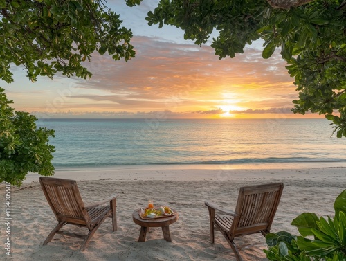 Tranquil Sunset Beachscape with Wooden Chairs, Fruit Table, and Ocean View under Tree Canopy - Serene Seaside Getaway Concept