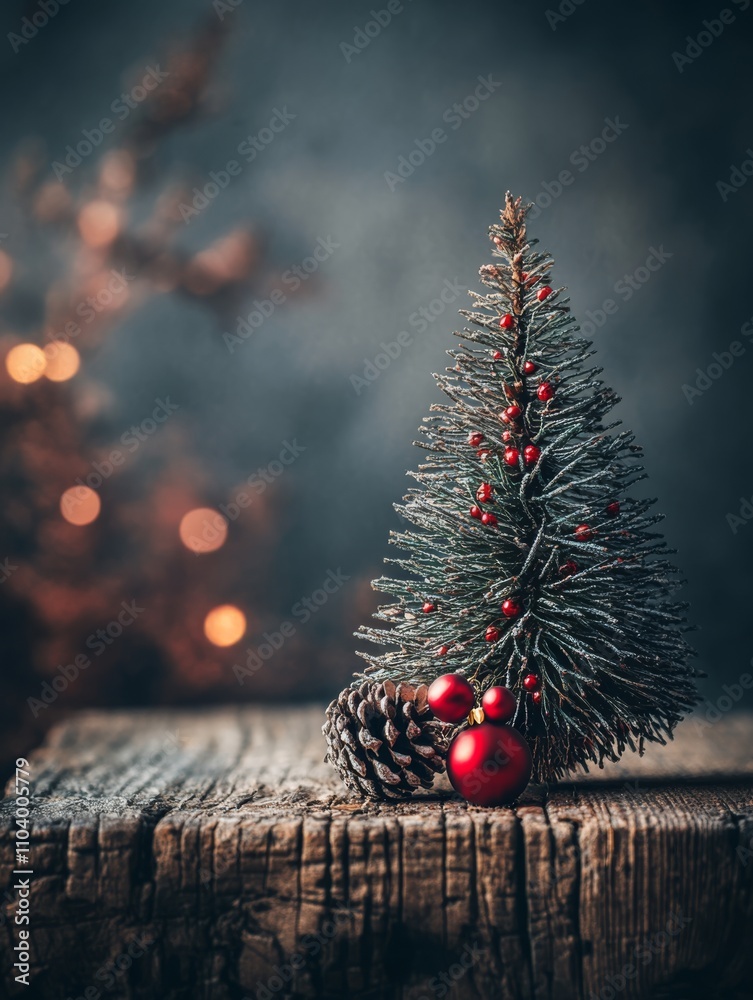 Wooden bole with a part of a pine tree and a red christmas tree decoration - spot light - dark moody atmosphere, cosy