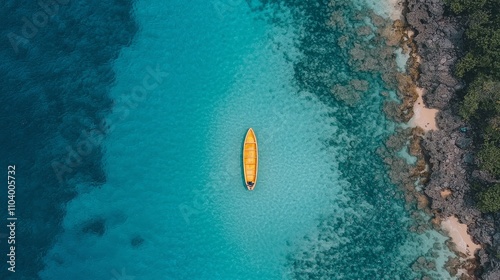 Tranquil Turquoise Waters Aerial View of Isolated Yellow Canoe on Rocky Shoreline, Serene and Peaceful Ocean Escape for Travel Brochures