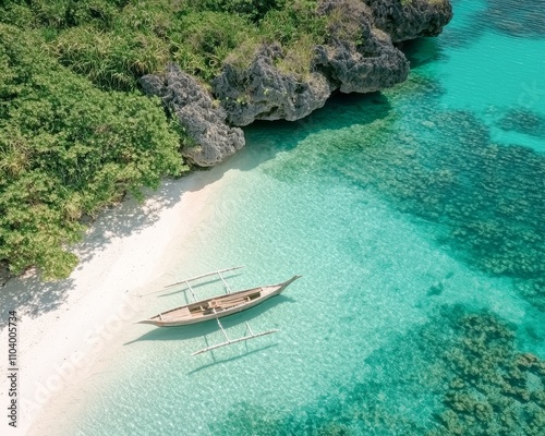 Tranquil Tropical Paradise Wooden Outrigger Canoe on White Sandy Beach with Turquoise Water and Lush Greenery - Serene Vacation Escape