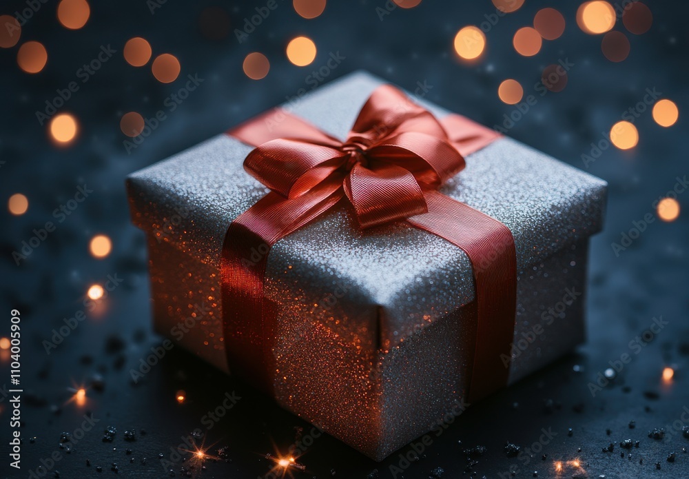 Elegant Silver Gift Box Tied with Red Ribbon Surrounded by Soft Bokeh Lights Perfect for Celebrations, Holidays, and Special Occasions Elegant Silver Gift Box Tied with Red Ribbon Surrounded by Soft Bokeh Lights Perfect for Celebrations, Holidays, and Special Occasions