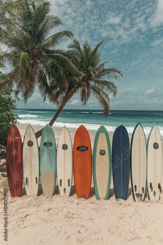 Tropical Beach Paradise Serene Surfboards and Palm Trees on Tranquil Shoreline, Vintage Summer Vibes