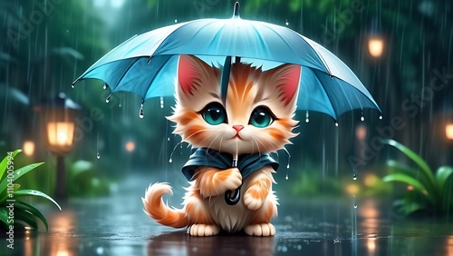 Cute and adorable cartoon kitten in the rain holding an umbrella, fantasy arts, surrealism