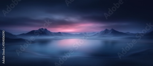  beautiful landscape of a mountain range at night. The sky is filled with dark clouds and the sun is setting, casting a warm orange glow over the mountains.