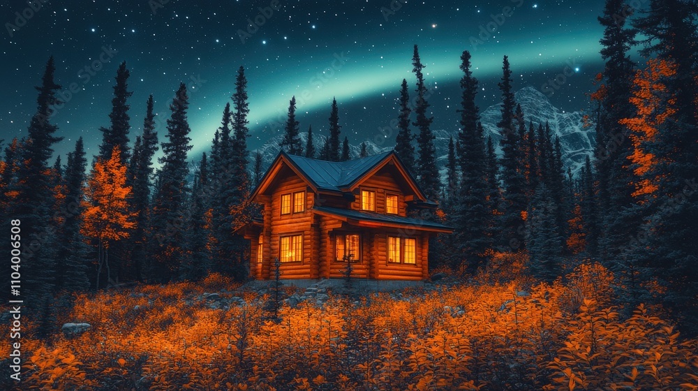 A cozy cabin illuminated under a starry sky and northern lights in a serene forest setting. A cozy cabin illuminated under a starry sky and northern lights in a serene forest setting.