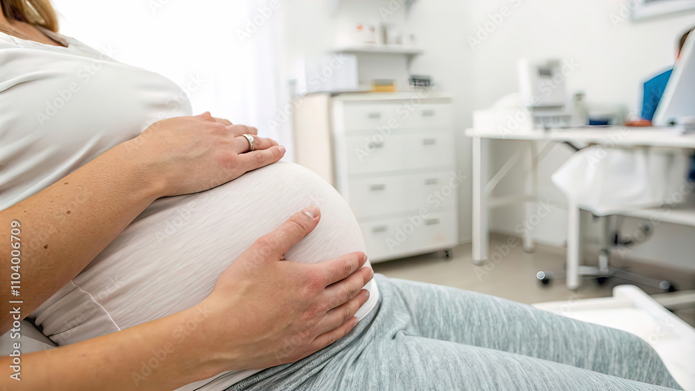 doctor's hands on the belly of a pregnant patient, against the background of a white medical office doctor's hands on the belly of a pregnant patient, against the background of a white medical office