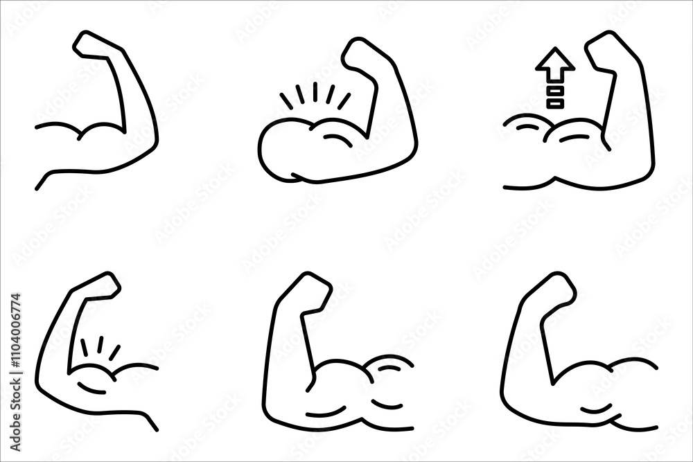 Fototapeta premium Muscles icon set, strong arm of an athlete, Linear Hand icons, biceps icons, Bodybuilding and fitness concept, on a white background.