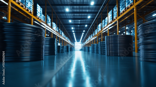 Coiled steel wire rods dominate the foreground, with their reflective surfaces shimmering in the light, while the vastness of the warehouse stretches into the distance.