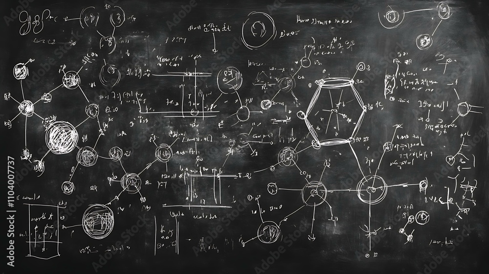 Blackboard background with handwritten chemistry and physics equations, including molecule and energy diagrams Blackboard background with handwritten chemistry and physics equations, including molecule and energy diagrams