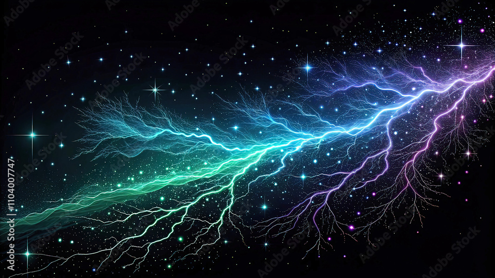 Naklejka premium Shimmering lines on a black background with blue and purple. magical light with a greenish tint