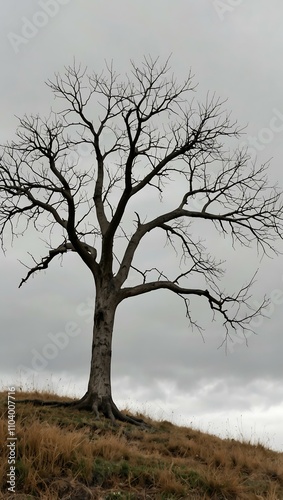 A bare tree stands on a grassy hill with a white backdrop.