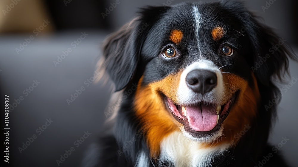 Bernese mountain dog sitting and looking at the camera, showing its friendly demeanor Bernese mountain dog sitting and looking at the camera, showing its friendly demeanor