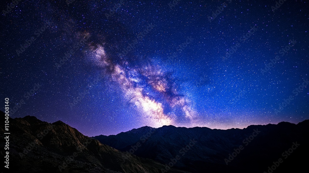A breathtaking view of the Milky Way galaxy over silhouetted mountains at night. A breathtaking view of the Milky Way galaxy over silhouetted mountains at night.