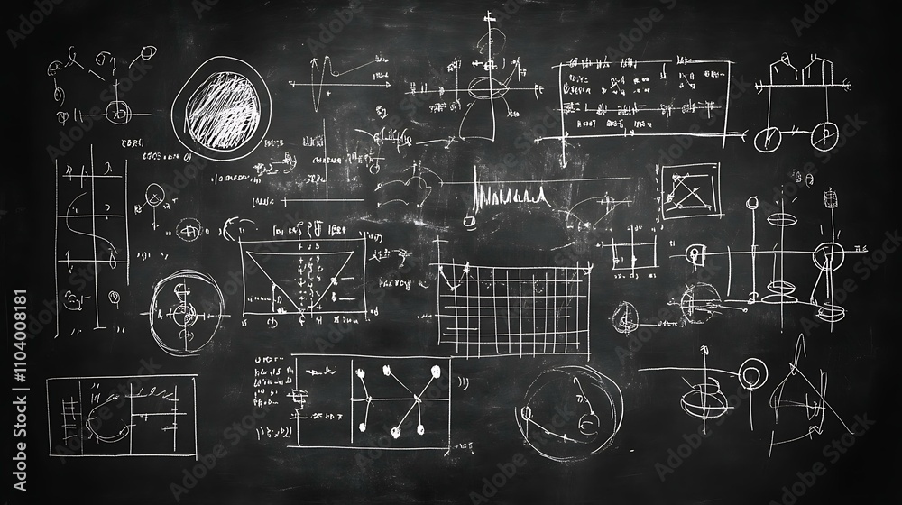 Blackboard background with scientific images, physics formulas, and chemistry symbols in chalk Blackboard background with scientific images, physics formulas, and chemistry symbols in chalk