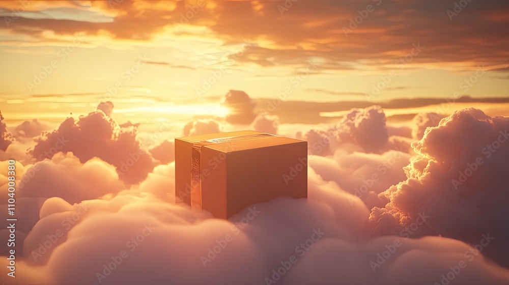 Dreamlike packaging mockup placed on a cloud in a vibrant sunrise setting with golden highlights and soft shadows. No visible text.