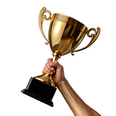 Golden trophy held by a hand isolated on transparent background, 3D metallic award PNG download for sports, competition, success, achievement, victory, pride, leadership, championship, and celebration