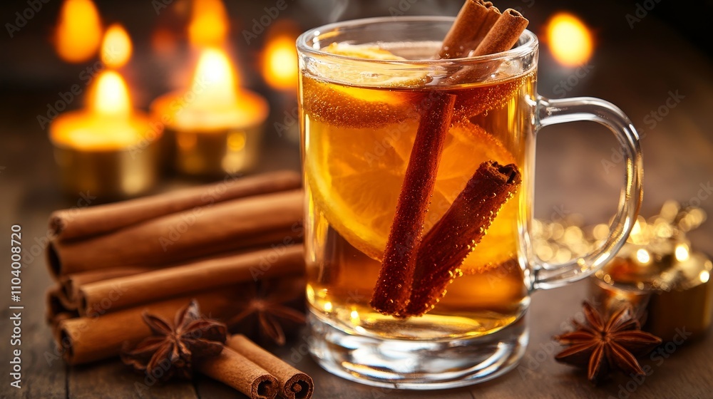 A warm beverage with cinnamon and orange, surrounded by candles for a cozy ambiance. A warm beverage with cinnamon and orange, surrounded by candles for a cozy ambiance.
