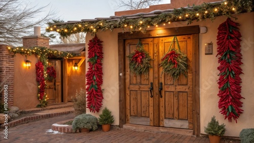 Festive Santa Fe Adobe Doors Adorned With Chile Ristras and Holiday Decorations. Generative AI