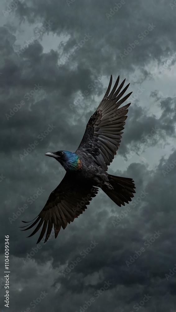 Obraz premium A black crow with iridescent feathers soaring through a stormy sky.