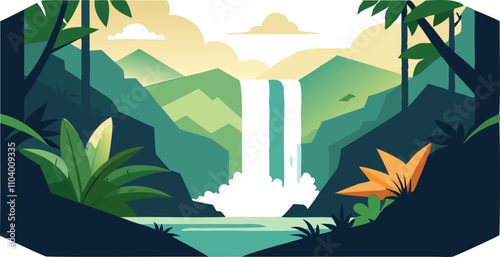 Jungle waterfall landscape. Rainforest lake background. Beautiful outdoor forest. Nature environment scenery. Green summer river