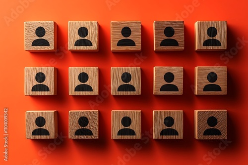 Top View Team Network of Diverse Human Figures on Orange Background photo