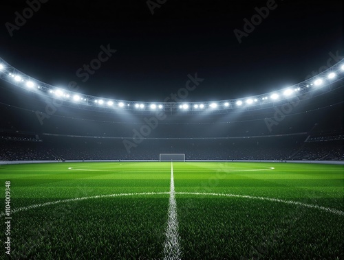 Dark green grass with floodlights casting a bright white glow on the soccer field at night, green, , night, lighting