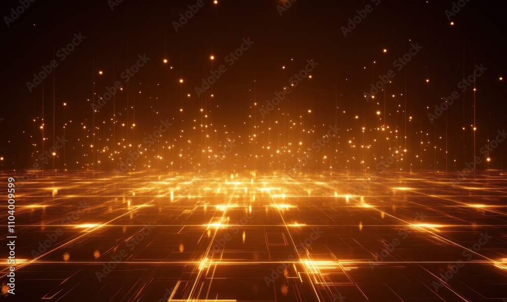 Glowing Digital Grid with Sparks in Dark Space Glowing Digital Grid with Sparks in Dark Space
