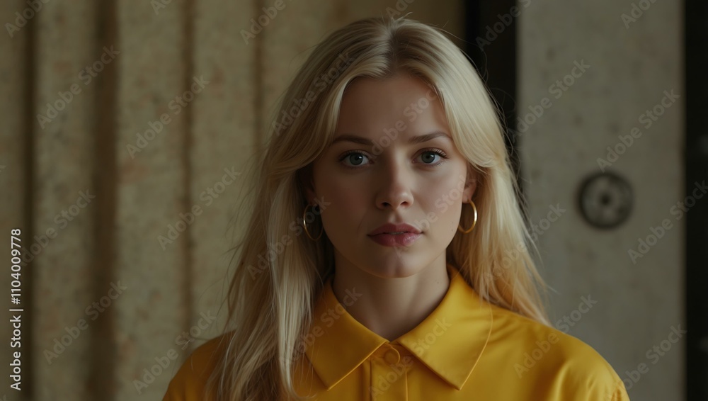 A blonde woman wearing a yellow-orange outfit. A blonde woman wearing a yellow-orange outfit.