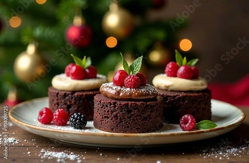 A beautiful festive cake on the background of a Christmas tree. A set of various cakes in chocolate, with sprinkles, with nuts, with berries, with cream, with cream, with cottage cheese.