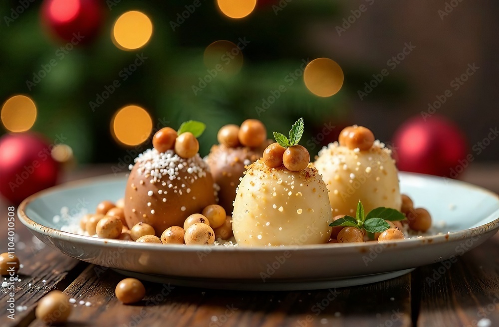 Obraz premium A beautiful festive cake on the background of a Christmas tree. A set of various cakes in chocolate, with sprinkles, with nuts, with berries, with cream, with cream, with cottage cheese.
