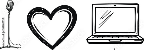 Podcasting Love, Black and White Microphone, Heart, and Laptop Art