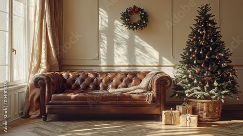 A beautifully decorated Christmas tree glimmers in the corner, casting warm light over a cozy couch, inviting joy and festive cheer into the room. photo