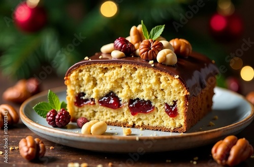 Wallpaper Mural A beautiful festive cake on the background of a Christmas tree. A set of various cakes in chocolate, with sprinkles, with nuts, with berries, with cream, with cream, with cottage cheese. Torontodigital.ca