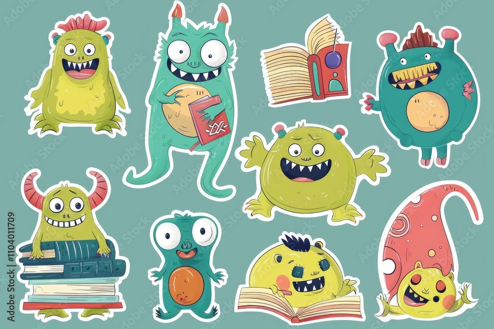 Obraz premium A collection of colorful stickers featuring fantastical creatures and educational books
