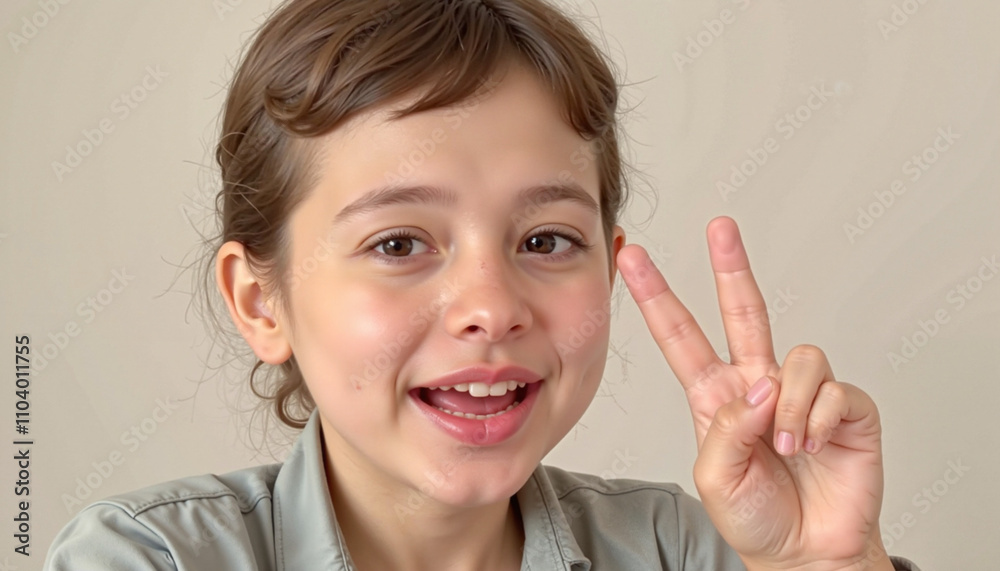 Girl Smiling with Peace Sign in Neutral Indoor Setting Girl Smiling with Peace Sign in Neutral Indoor Setting