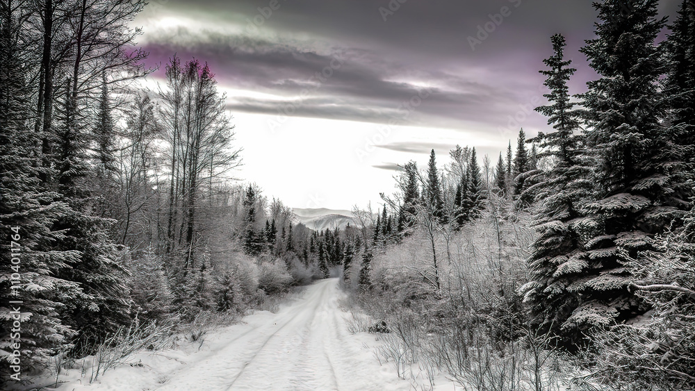 Obraz premium snowy forest, glowing pearlescent clouds, path with trees at sunset,