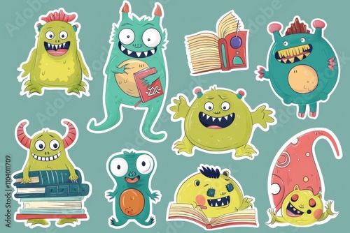 A collection of colorful stickers featuring fantastical creatures and educational books