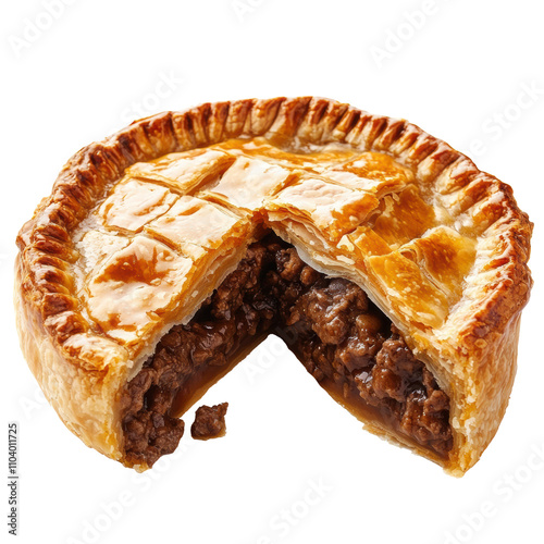Savory meat pie with golden crust cut open on a white plate  on  transported background 