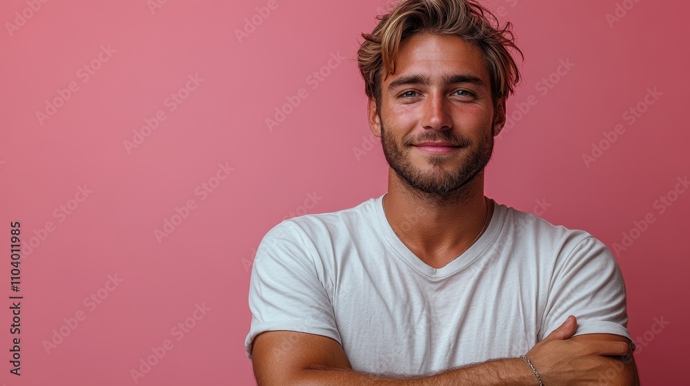 Young man looking proud and satisfied with arms crossed, celebrating an achievement Young man looking proud and satisfied with arms crossed, celebrating an achievement