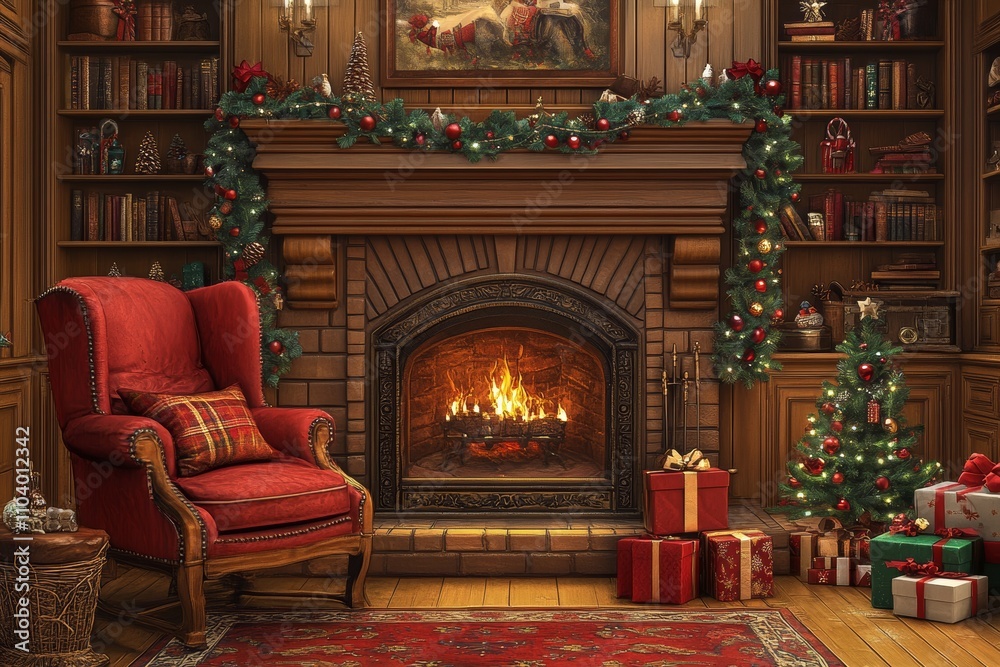 A cozy library adorned with twinkling lights, festive ornaments, and neatly wrapped presents, all centered around a warm, crackling fireplace. A cozy library adorned with twinkling lights, festive ornaments, and neatly wrapped presents, all centered around a warm, crackling fireplace.