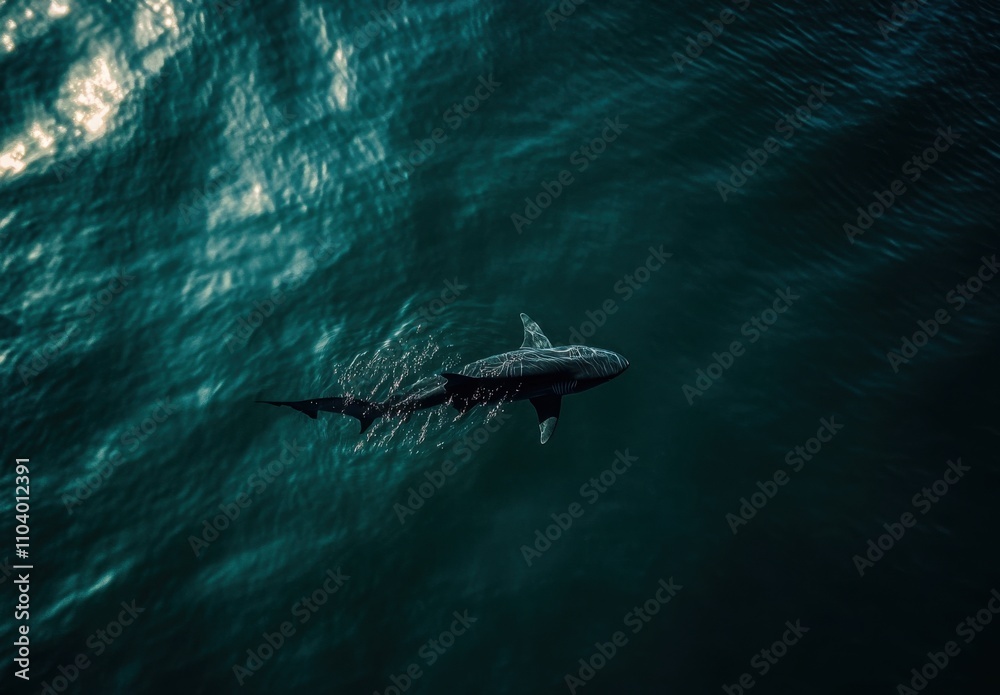 Obraz premium Majestic Shark Gliding Through Crystal Clear Waters, Showcasing Ocean Serenity and the Wonder of Marine Life in a Thriving Ecosystem Below the Surface